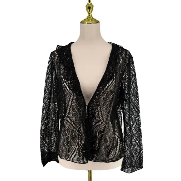 Vintage J. Jill Lace Cardigan Large Petite Black Sheer Ruffle Long Sleeve Boho - Picture 2 of 12